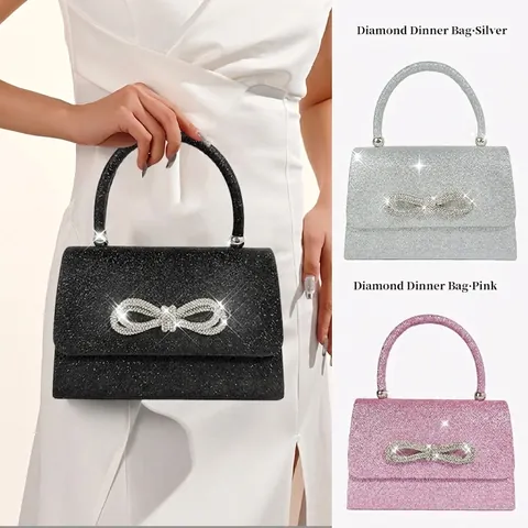 Rhinestone Bow Evening Bag Sparkly Glitter Sequin Handbag With Chain Strap Elegant Banquet Party Clutch For Women