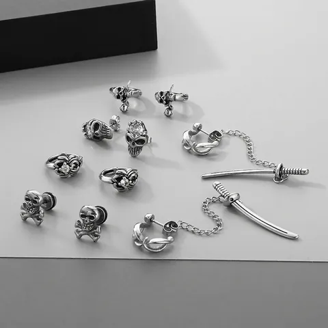 Hoop Stud Earrings Stainless Steel Skull Cross Sword Gothic Punk Rhinestone Jewelry For Unisex Antique Silver Retro