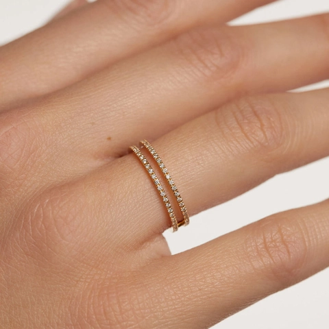 925 Sterling Silver Ring Double Layer Double Row Pavé White Cubic Zirconia Trendy Minimalist Finger Jewelry For Women