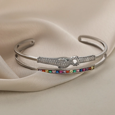 Leopard Head Open Bangle Bracelet Copper Micro Pave Cubic Zirconia Multicolored Geometric Hip Hop Luxury Fashion Jewelry