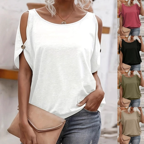 Women Cold Shoulder T-Shirt Top Short Sleeve Knit Cutout Button Back Lace Up Loose Casual Elegant