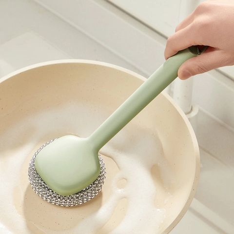 Keuken Afwasborstel Met Lang Handvat Roestvrijstalen Draadschuursponsje Reinigingsgereedschap Voor Pannen Fornuis