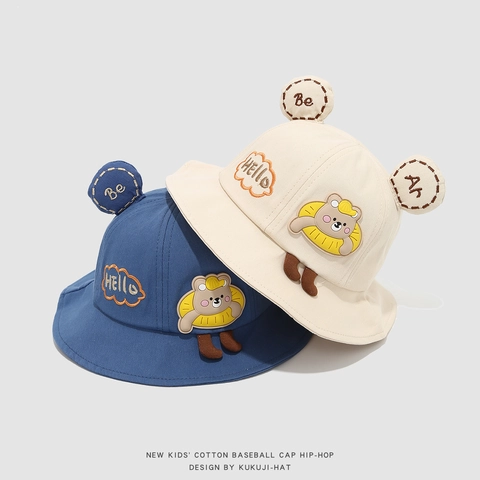 Kids Bucket Hat Cotton Blend Cute Cartoon Bear Ears Wide Brim Sun Protection Windproof Chin Strap Outdoor Toddler Hat