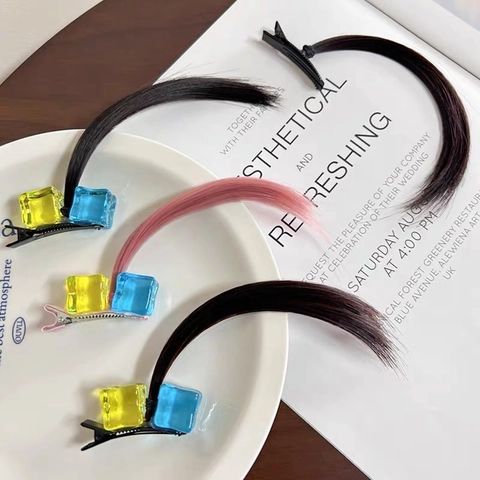 Synthetic Hair Extension Clip With Ice Cube Acrylic Decor Anime Cosplay Long Straight Wig Piece For Girls Women