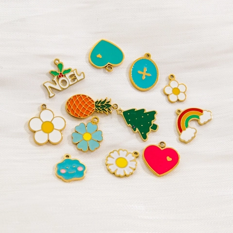 Colgantes Dijes Esmalte Acero Inoxidable Aleación Flor Piña Arco Iris Corazón Árbol De Navidad Fabricación De Joyas Accesorios DIY