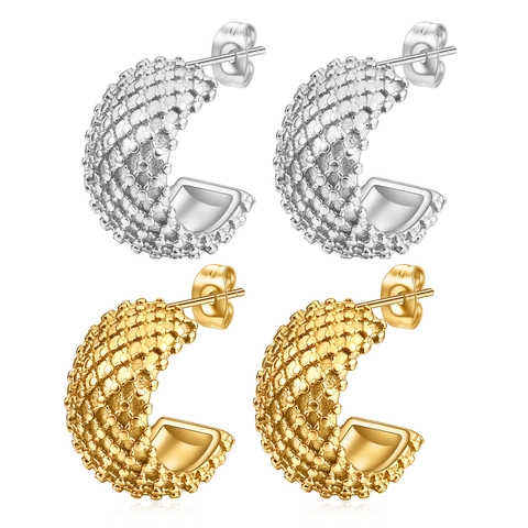 Pendientes De Aro En Forma De C De Acero Inoxidable 304 Con Diseño De Malla Texturizada Moda Minimalista Para Mujer