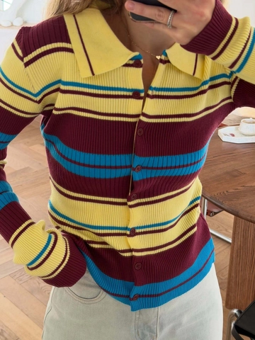 Stripe Knit Cardigan Women Polo Collar Long Sleeve Ribbed Contrast Color Retro Slim Fit Button Down Sweater Top