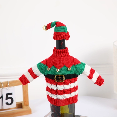 Christmas Wine Bottle Covers Knitted Sweater Hat For Holiday Table Decoration Santa Elf Theme Cartoon Striped Ornaments