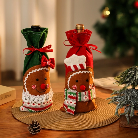 Christmas Gingerbread Man Wine Bottle Cover Decorative Red Wine Bag Cartoon Cookie Man Bottle Sleeve Xmas Table Ornament