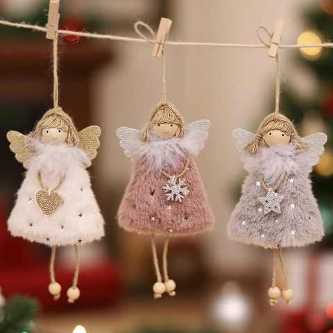 Christmas Angel Doll Hanging Ornament Plush Wood Beads Hemp Rope Sequin Feather Xmas Tree Decor Handmade Cute Festive