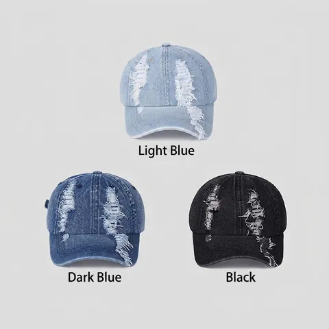 Distressed Denim Baseball Cap Vintage Zerrissene Gewaschene Baumwolle Hut Verstellbar Retro Streetwear Unisex