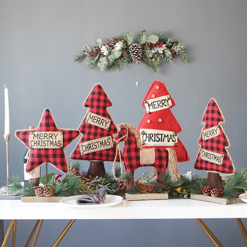 Christmas Desktop Ornaments Buffalo Plaid Fabric Burlap Rustic Farmhouse Wood Base Xmas Tree Star Horse Table Decorations