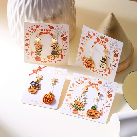 Halloween Asymmetric Alloy Drip Oil Earrings Pumpkin Ghost Black Cat Witch Skull Stud Drop Jewelry For Women Party Gift