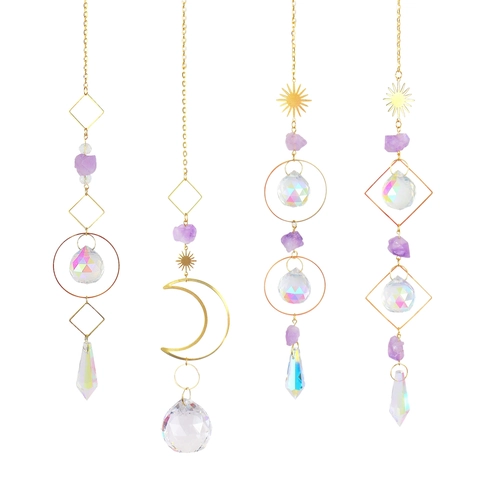 Crystal Suncatcher Hanging Ornament Amethyst Raw Stone Gold Metal Moon Sun Star Geometric Rainbow Maker Window Garden