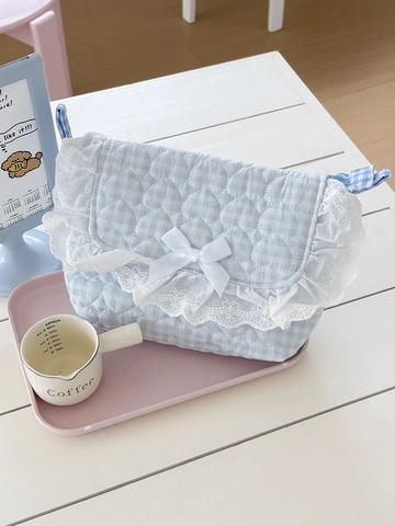 Gingham Gesteppte Umhängetasche Baumwolle Herzmuster Spitze Schleife Süße Kawaii Schultertasche Für Frauen