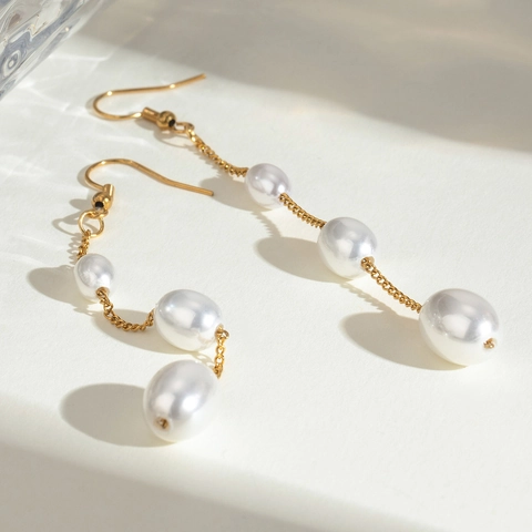 Elegante Edelstahl Künstliche Perle Quaste Ohrringe Lange Kette Drop Dangle Ohrhaken Für Frauen Hypoallergener Schmuck