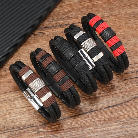 Men Braided Leather Bracelet Double Layer Alloy Magnetic Clasp Punk Hip Hop Casual Wristband Jewelry