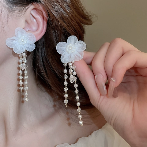 Lace Flower Dangle Earrings With Faux Artificial Pearl Crystal Beads Silver Earring Post Elegant Vacation Style For Women