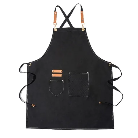 Grembiule Da Lavoro In Tela Con Cinturini In Pelle Incrociato Sulla Schiena Tasche Multiple Per Barista Barbiere Chef