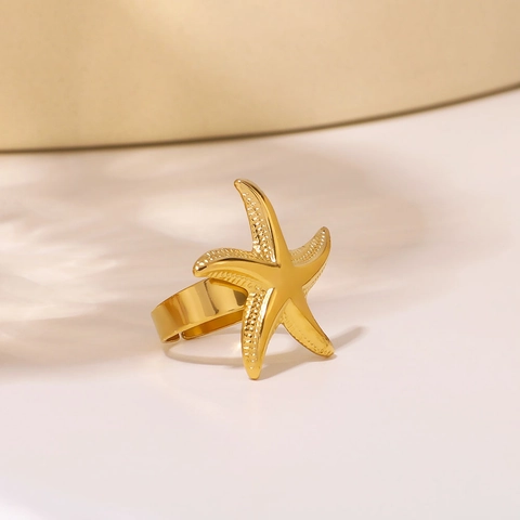 Zeester Open Ring Roestvrij Staal 18K Verguld Strand Oceaan Stijl Verstelbare Mode Sieraden Voor Dames Waterdicht