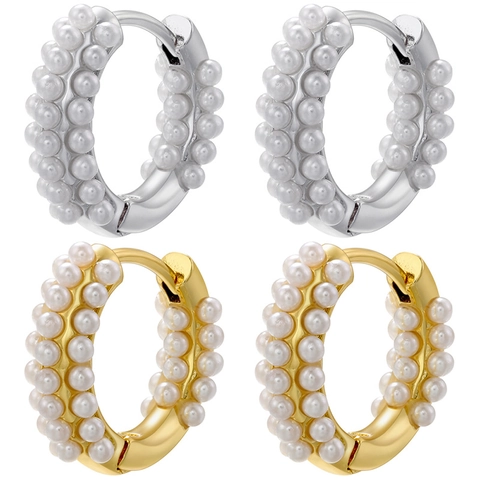 Elegante C-Förmige Creolen Für Damen Mit 18K Vergoldetem Kupfer Und Kunstperlen Vintage Dreireihiger Huggie-Stil