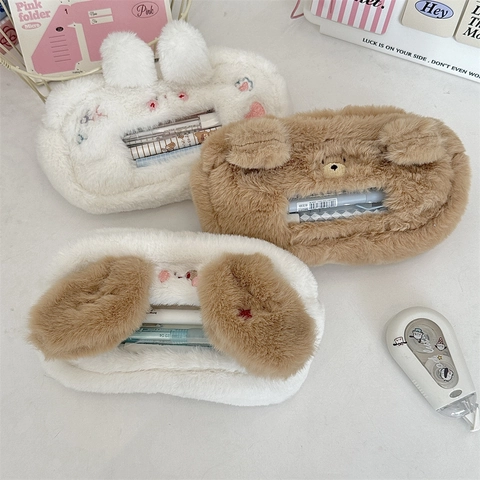 Cute Plush Animal Pencil Case Large Capacity Cartoon Bear Bunny Dog Stationery Pouch Desktop Storage Bag For Students Girls