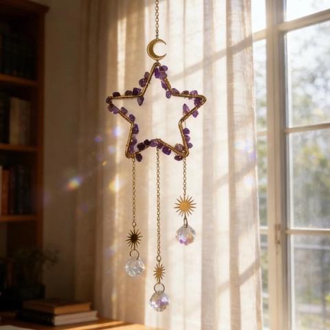 Acchiappasole Luna Stella Ornamento Appeso Cristallo Naturale Metallo Prisma Arcobaleno Decorazione Casa Boho