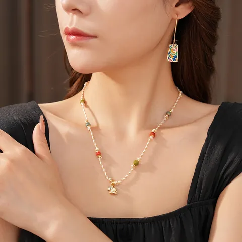 Gioielli Etnici Vintage Collana Orecchini Perline Colorate Corda Intrecciata Ciondolo Animale Dorato Smalto Geometrico Donne