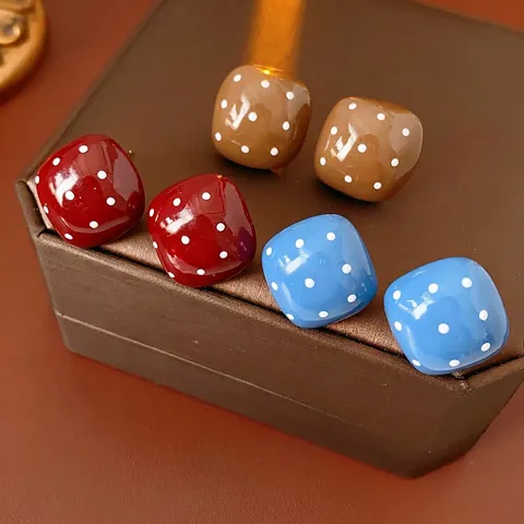 Retro Polka Dot Square Stud Earrings Alloy Glazed Geometric Vintage Ear Jewelry With Silver Earring Post
