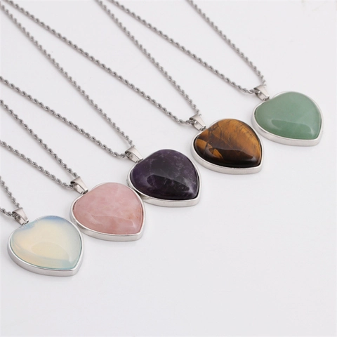 Heart Pendant Necklace Natural Stone Crystal Amethyst Stainless Steel Rope Chain Fashion Jewelry For Women