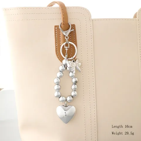 Portachiavi Con Perline Placcato Argento Ciondolo Cuore Fiocco Fascino Per Borsa Accessorio Specchio Versatile