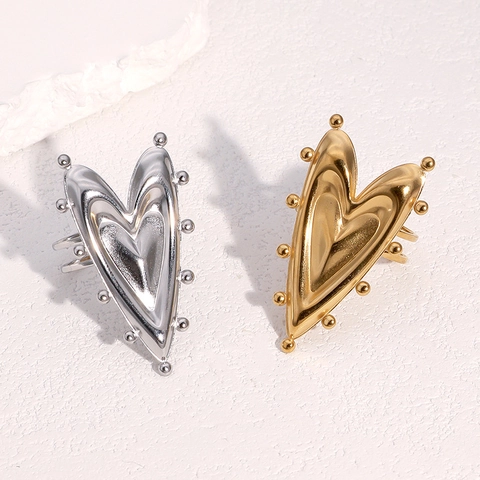 Anillo De Corazón Grande De Acero Inoxidable Chapado En Oro De 18K Borde Perlado Diseño Abierto Ajustable Joyería Minimalista Para Mujer