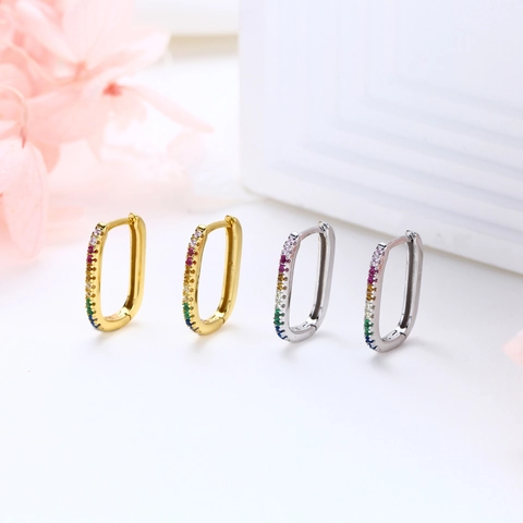 925 Sterling Zilveren Regenboog Zirconia U-vormige Huggie Hoop Oorbellen Rechthoekig Minimalistische Kleurrijke Sieraden Voor Dames