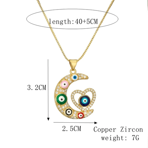 Collana con Ciondolo Malocchio in Rame Placcato Oro Zirconia Luna Cuore Design Traforato Stile Bohémien Gioielli Donna