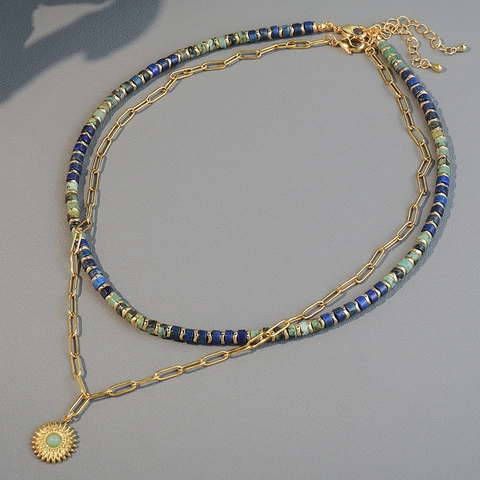 Bohemian African Turquoise Stainless Steel Sun Pendant Necklace Ethnic Handmade Lapis Lazuli Beaded Layered Necklace For Women