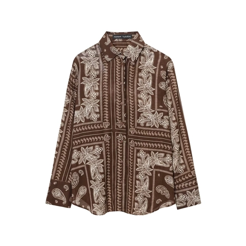 Paisley Print Hemd Und Weite Hose Polyester Langarm Revers Retro Boheme Lässig Urlaub Streetwear Damen