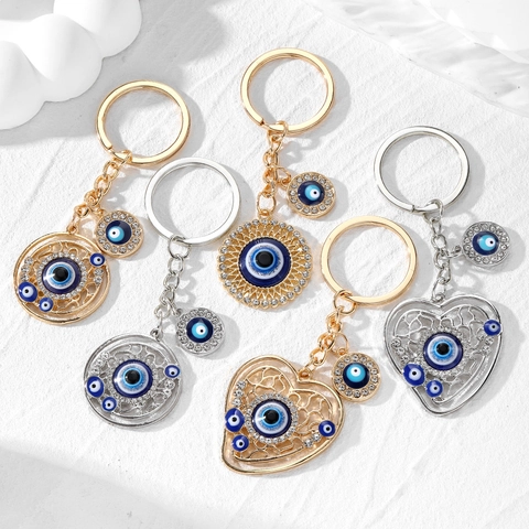 Evil Eye Schlüsselanhänger Retro Ethnisch Legierung Herz Rund Anhänger Strass Nazar Glücksbringer Schlüsselring