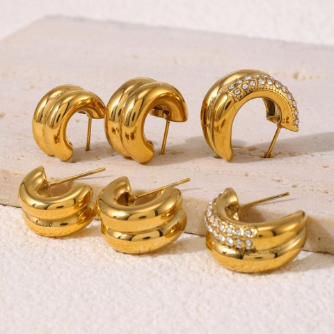 Minimalist Stainless Steel C-Shape Stud Earrings For Women 18K Gold Plated Inlaid Rhinestone Geometric Ear Jewelry