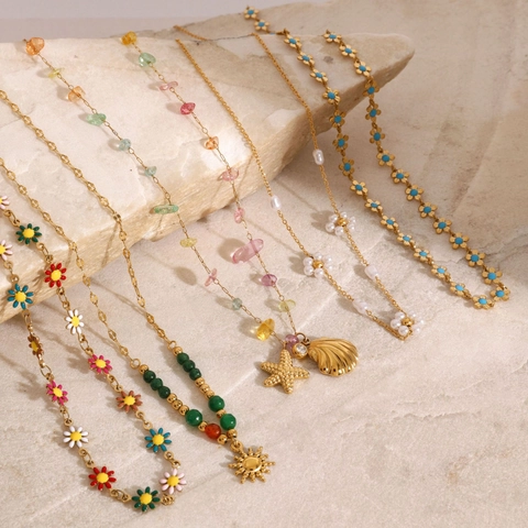 Collana In Acciaio Inossidabile Bohemien Placcata Oro Perline Colorate Fiori Smaltati Pendenti Conchiglia Gioielli Estivi