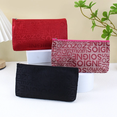 Letter Jacquard Cosmetic Bag Makeup Pouch Zippered Travel Toiletry Storage Organizer For Women Girls Floral Pattern