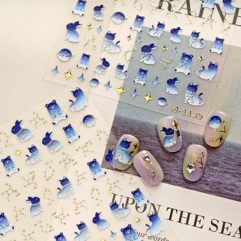 Nail Art Stickers 5D Embossed Cartoon Cat Bunny Star Constellation Blue Gradient Self Adhesive Manicure Decor