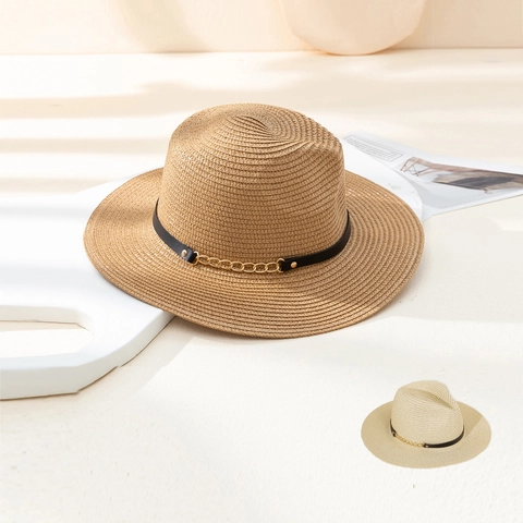 Cappello Fedora In Paglia Di Carta Unisex Traspirante Protezione Solare Estate Spiaggia Jazz Con Cintura In Pelle E Catena