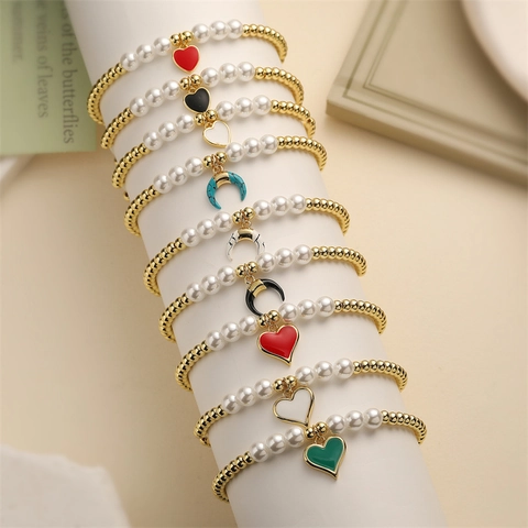 Women Beaded Bracelet With Copper Beads And Imitation Artificial Pearls Heart Moon Pendant Enamel Drip Oil Elastic Jewelry