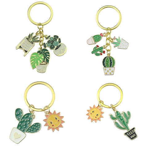 Plant Succulent Keychain Gold Metal Enamel Monstera Cactus Sun Pendant Bag Charm Crazy Plant Lady Gift Accessory