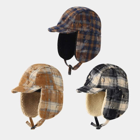 Kids Vintage Plaid Trapper Hat Winter Warm Faux Sherpa Lining Earflap Aviator Hat Distressed Grid Leifeng Cap For Boys Girls