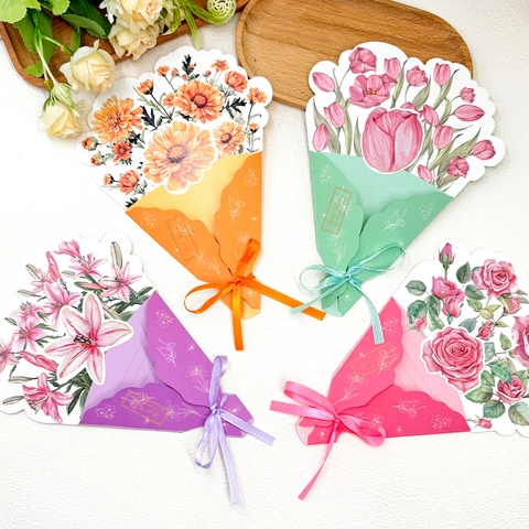 Pop-up Flower Bouquet Greeting Card Cardstock With Ribbon For Mother Day Birthday Anniversary Thanksgiving Gift