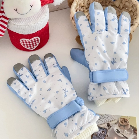 Guantes De Esquí De Invierno De Nailon Y Goma Térmicos Resistentes Al Viento Pantalla Táctil Ciclismo Exterior Estampado Floral Rosa Azul