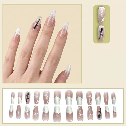Long Coffin Press On Nails 3D Rose Flower Silver Glitter Luxury French Elegant Fake Nails For Women