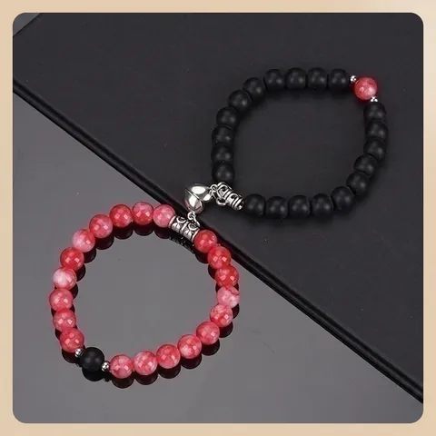 Natural Stone Heart Magnetic Couple Bracelets For Women Men Matte Black Lava Rock Tiger Eye Beads Relationship Jewelry