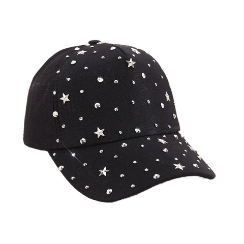 Women Baseball Cap With Metal Star Rivets And Rhinestones Polyester Adjustable Fashion Trendy Punk Style Sun Hat
